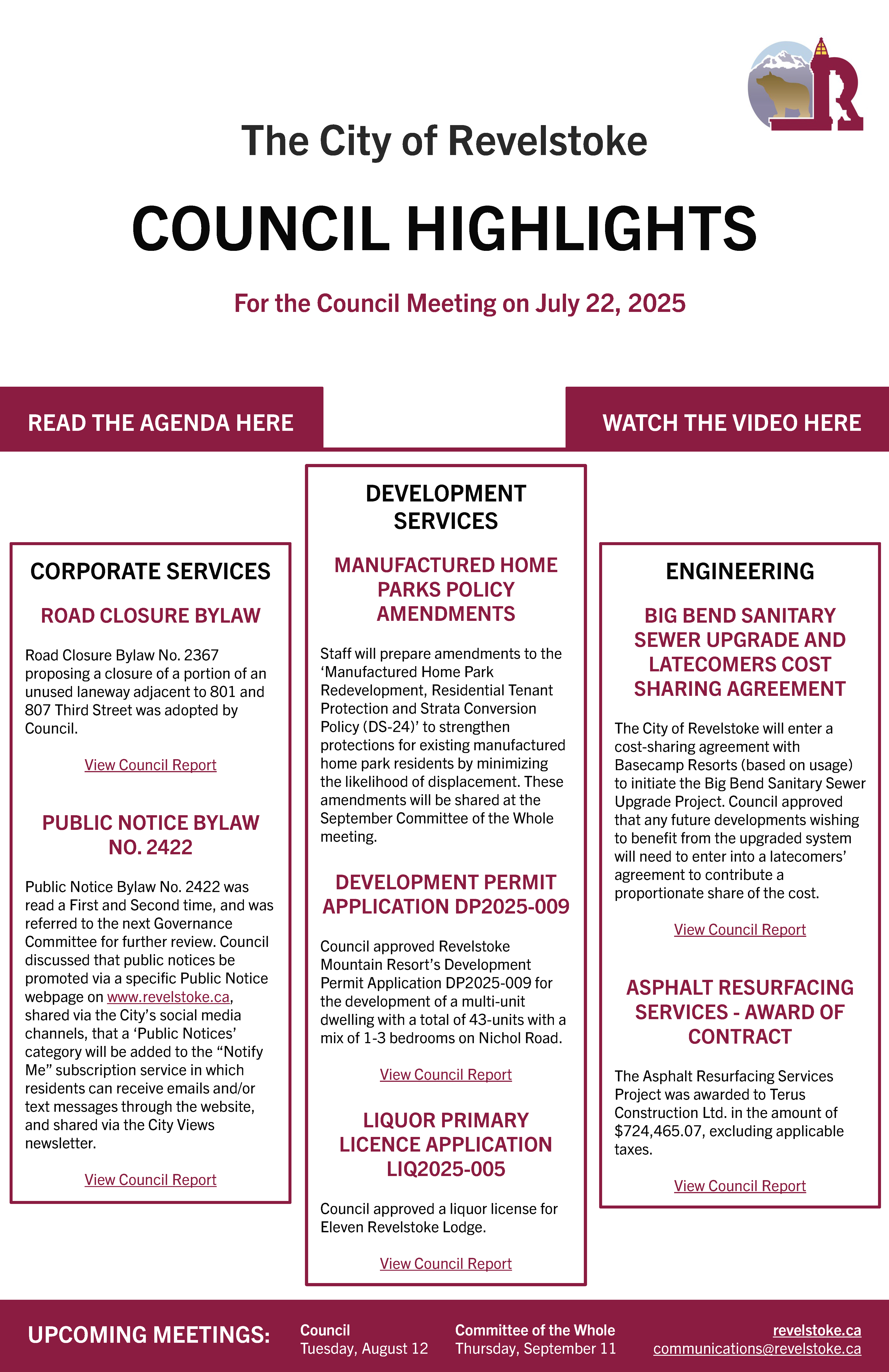 Council Highlights for July 22, 2025 Council Meeting (PDF)